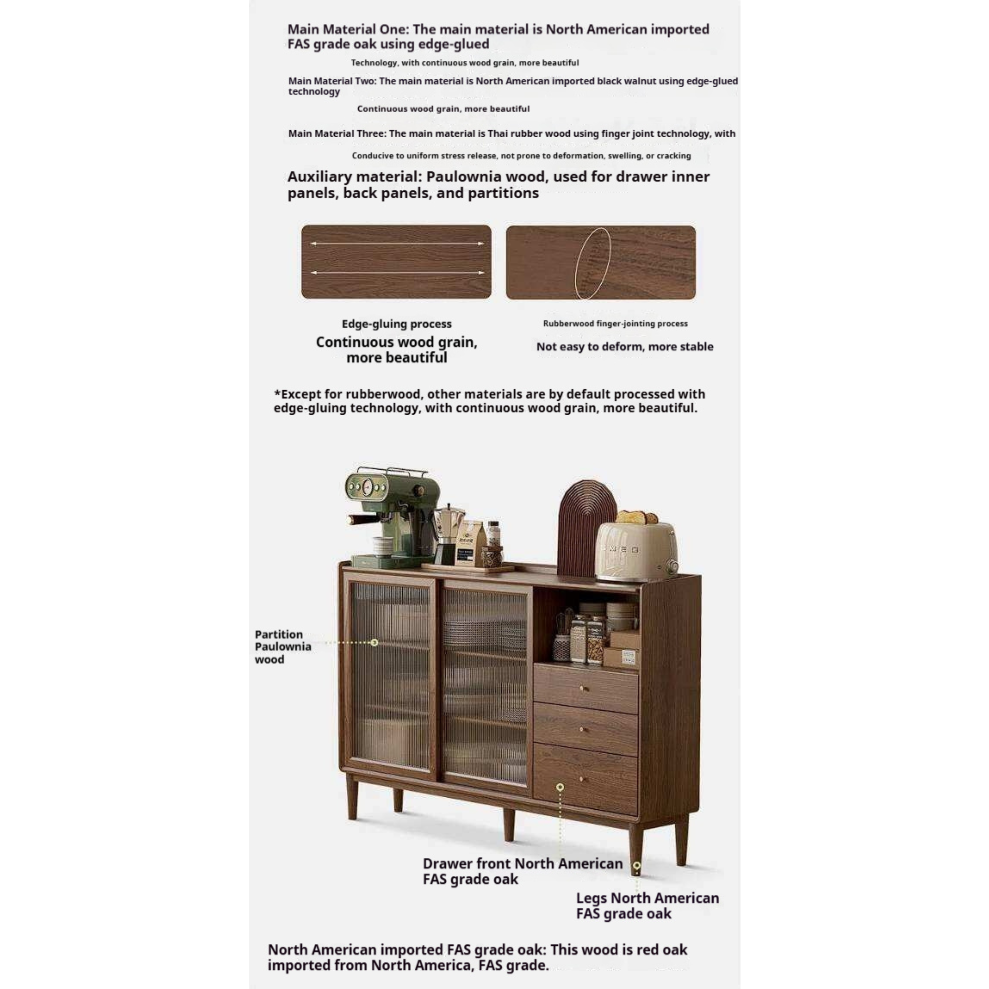 Black Walnut, Oak, Rubberwood Solid Wood Sideboard with Fluted Glass Sliding Doors