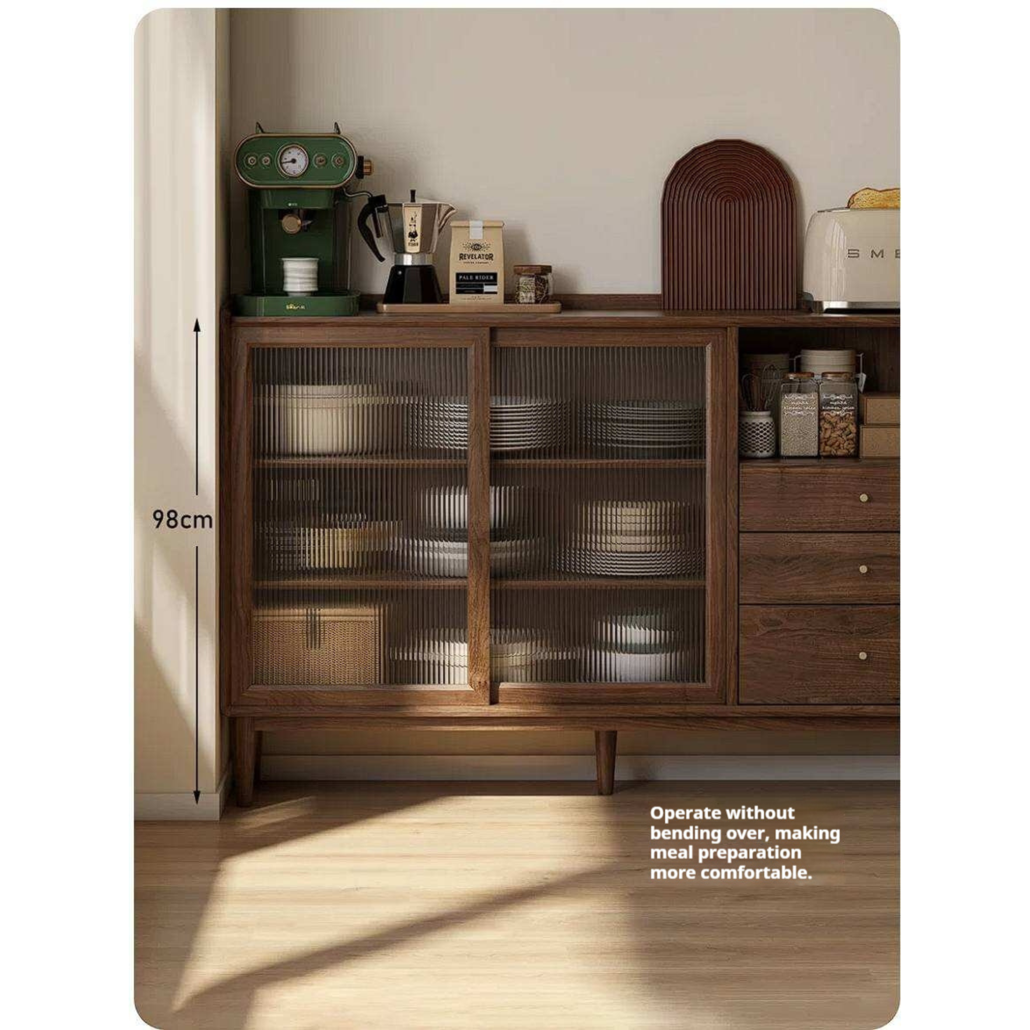 Black Walnut, Oak, Rubberwood Solid Wood Sideboard with Fluted Glass Sliding Doors