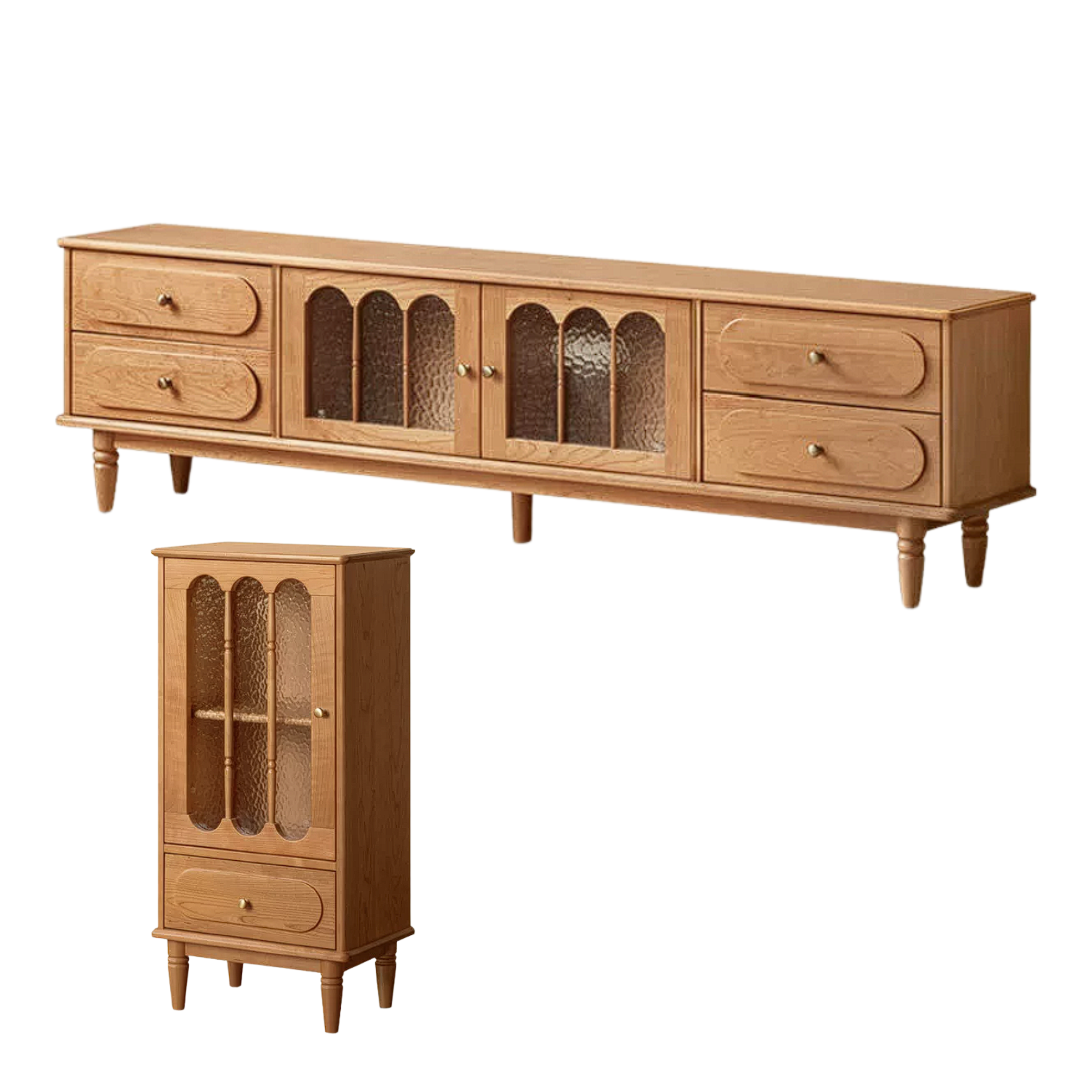 Cherry Solid Wood Side Cabinet with Glass Panels and Storage Shelves
