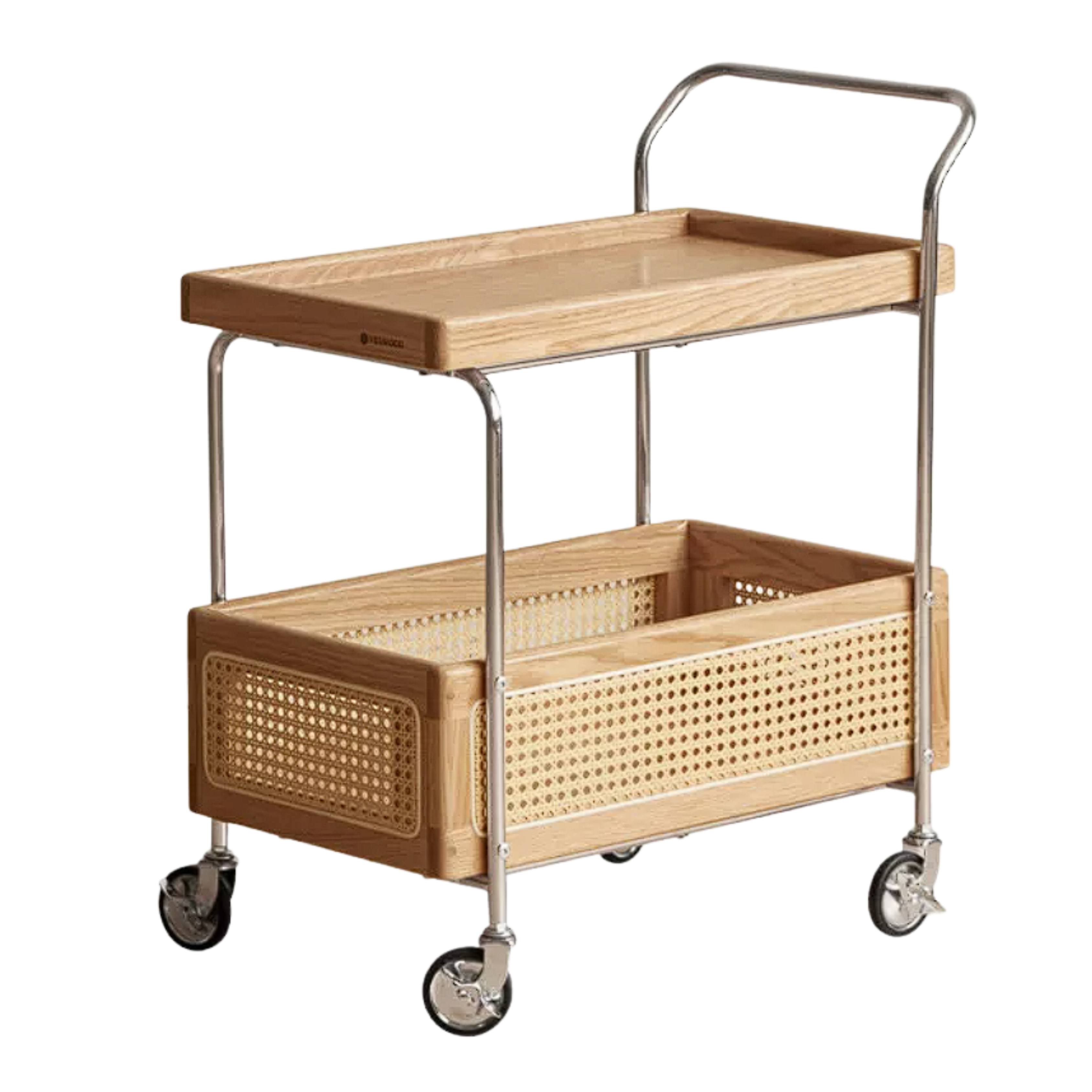 Oak Solid Wood Side Table with Double Layer Storage and Mobile Trolley
