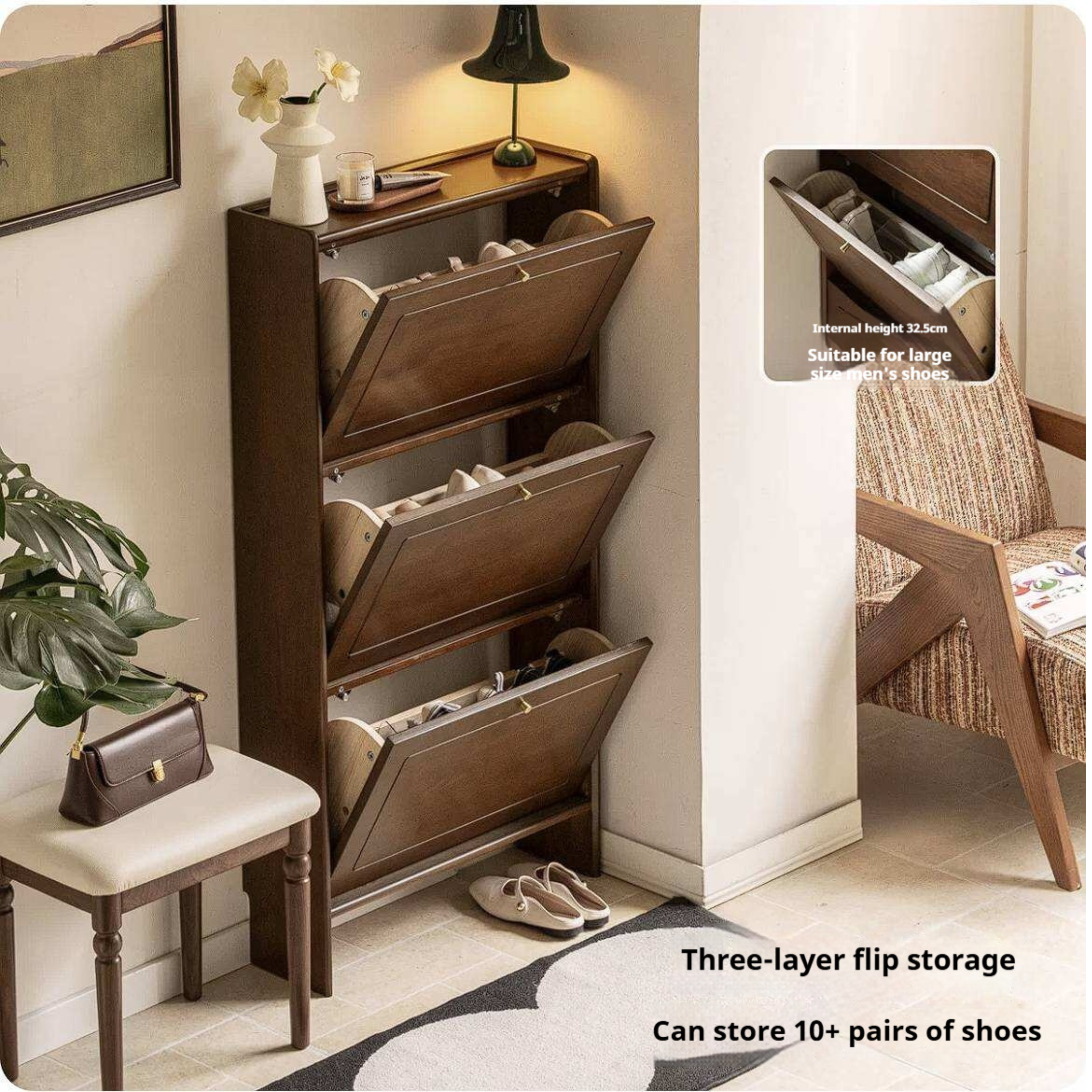 Rubberwood Solid Wood Shoe Cabinet with Space Saving Flip Storage