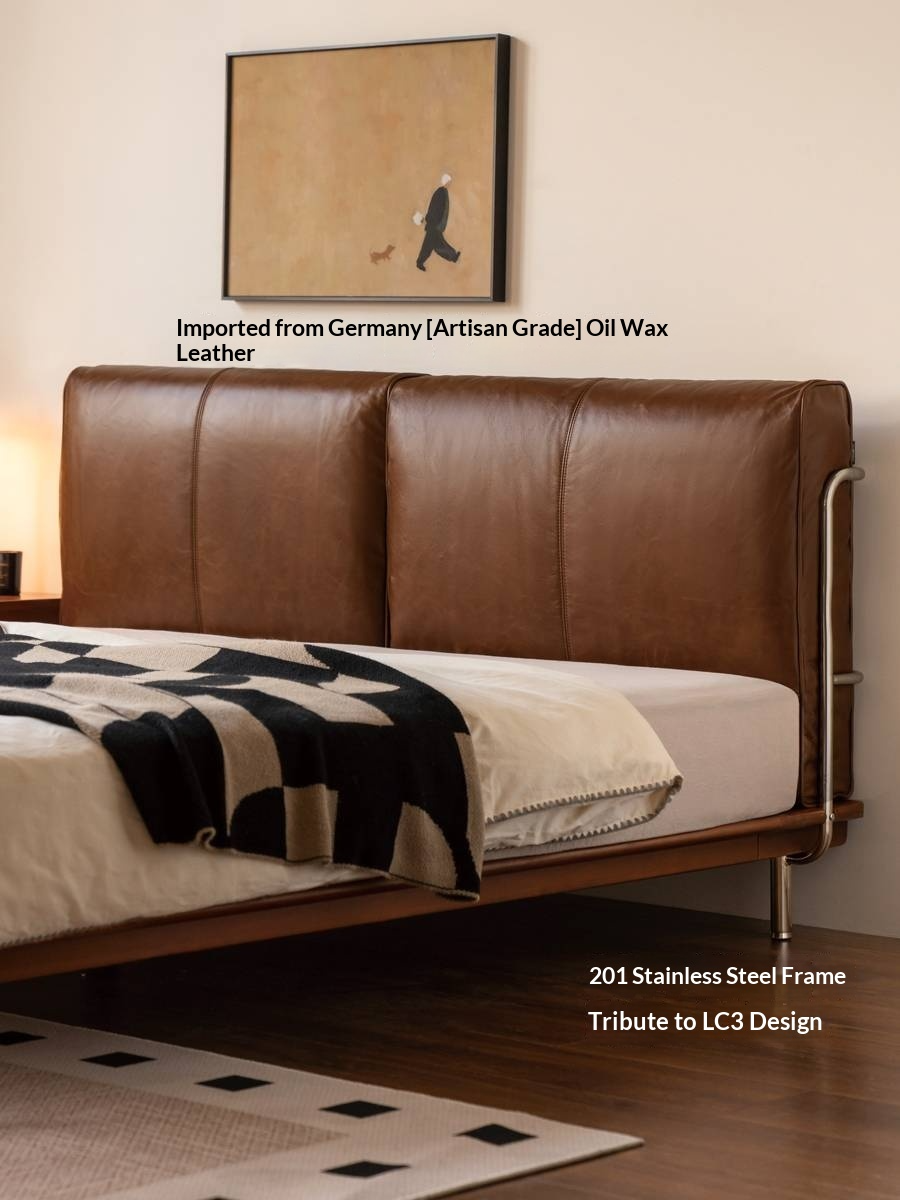 Genuine Leather Bauhaus Style Double Bed with Top Grain Cowhide Soft Backrest
