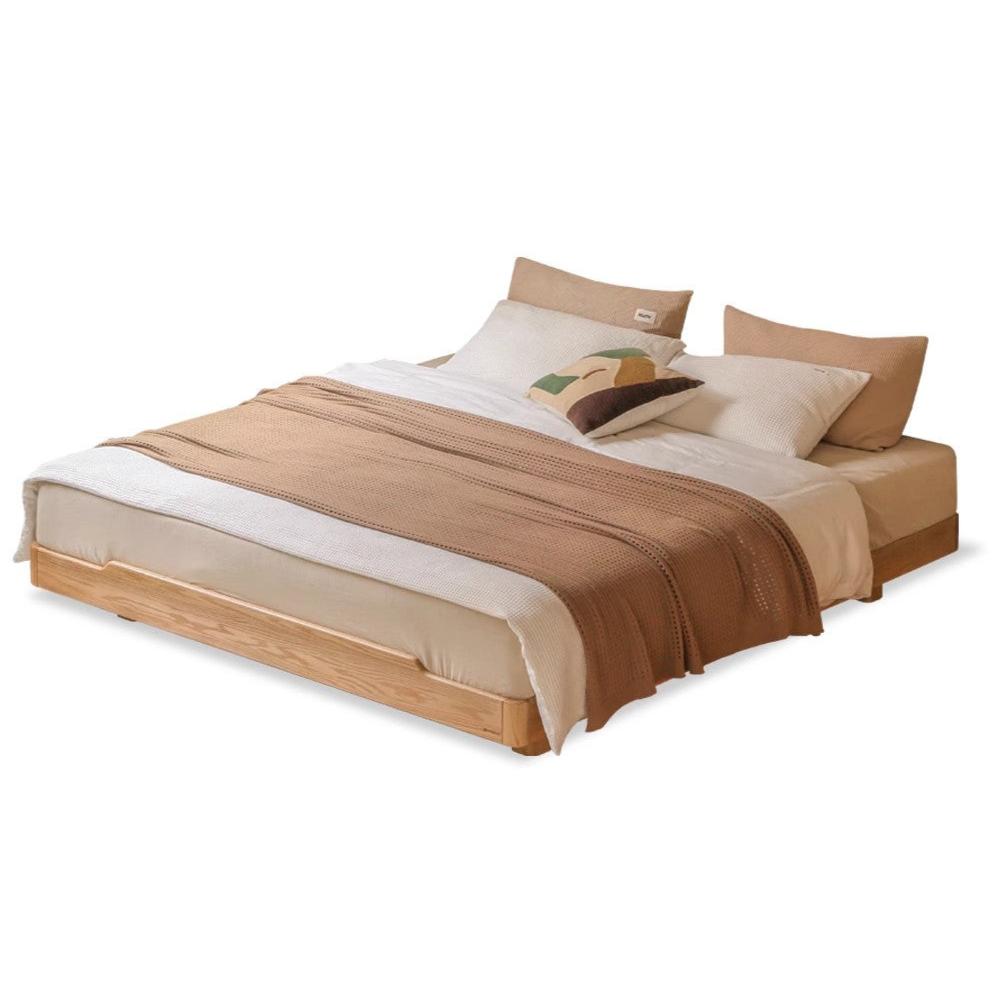 Oak Solid wood modern platform bed, headboard-free suspended bed with light