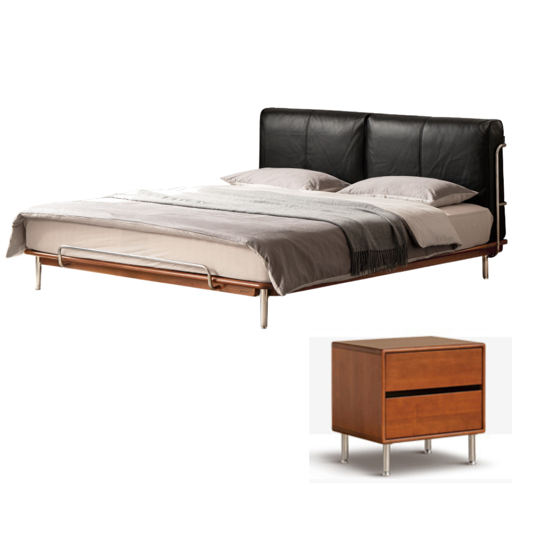 Genuine Leather Bauhaus Style Double Bed with Top Grain Cowhide Soft Backrest