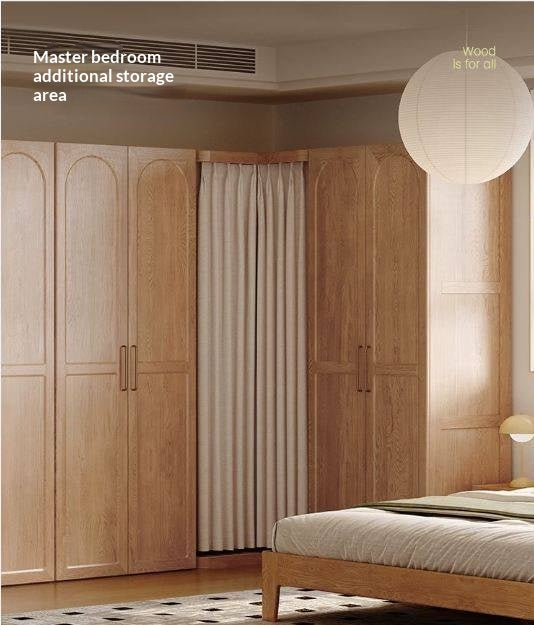 Oak Solid Wood Corner Wardrobe with Removable and Washable Fabric Curtain