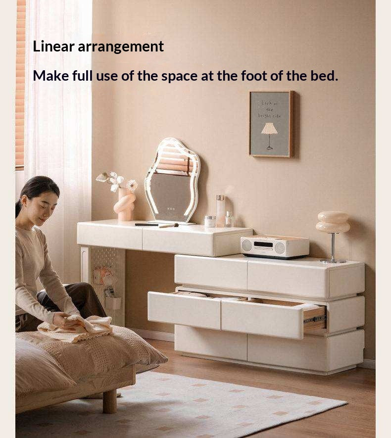 Solid Rubberwood Telescopic Vanity Table with Single-Layer Storage in White Cream