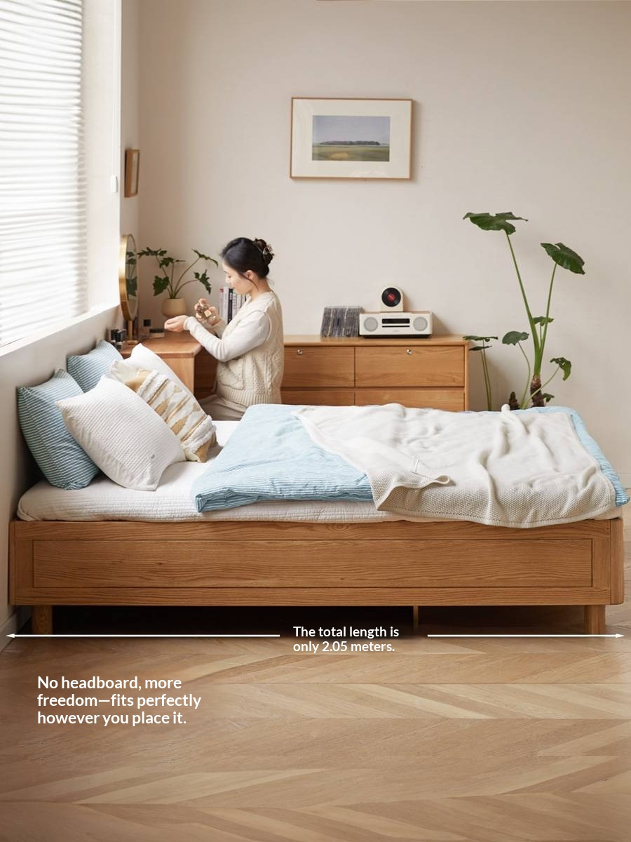 Oak Solid Wood Platform Box Bed, Headboard-Free Box Bed