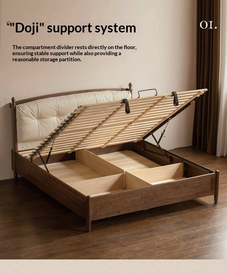 Black Walnut Solid Wood Four Poster Storage Bed with Tufted Headboard and Gas Lift