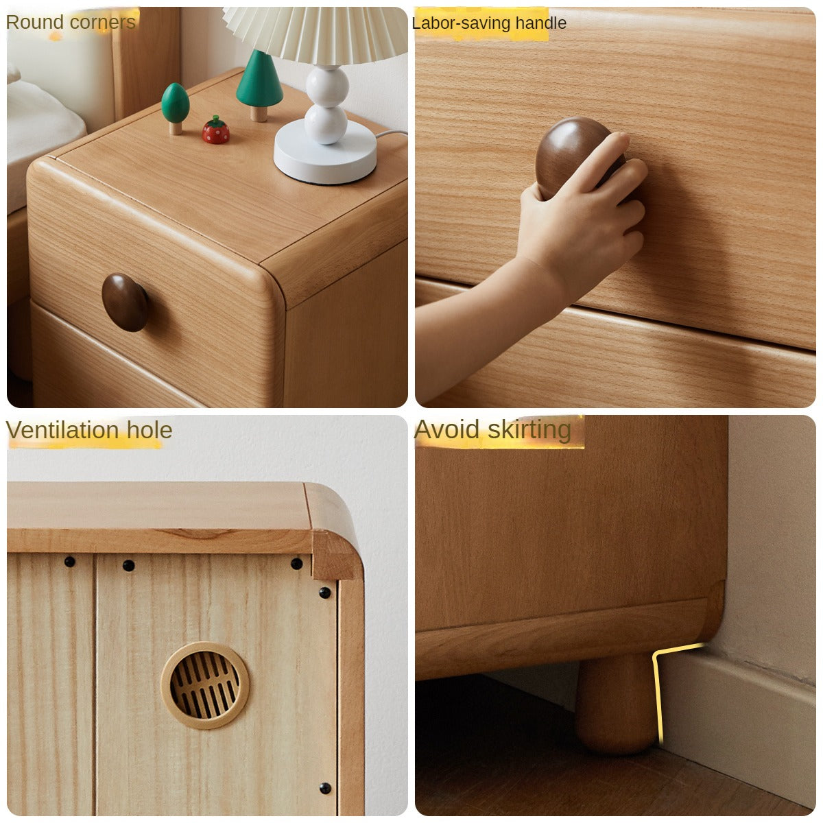 Beech Solid Wood Kids Two-Drawer Nightstand with Round Knob Pulls and Rounded Edges