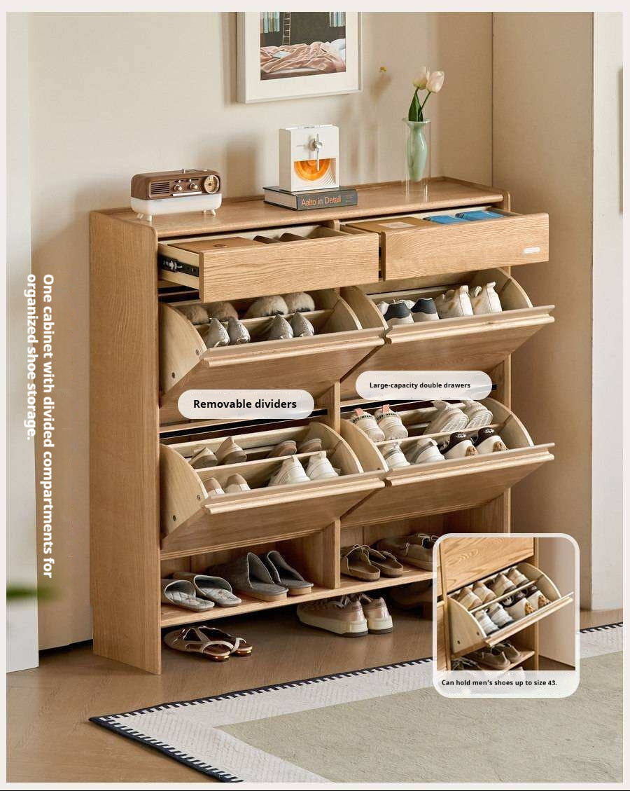Oak Solid Wood Slim Entryway Shoe Cabinet with Tilt-Out Compartments and Drawers