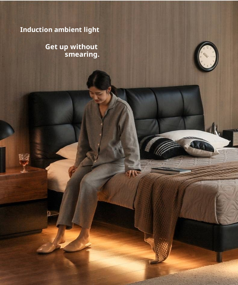 Genuine Leather Top Layer Cowhide Soft Suspension Bed with Lighting