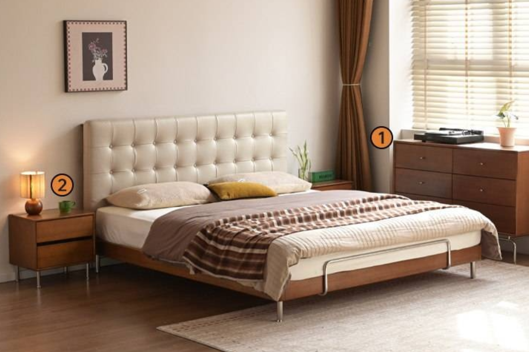 Tulipwood Solid Wood Bed — Bauhaus Style with Soft Genuine Leather Headboard