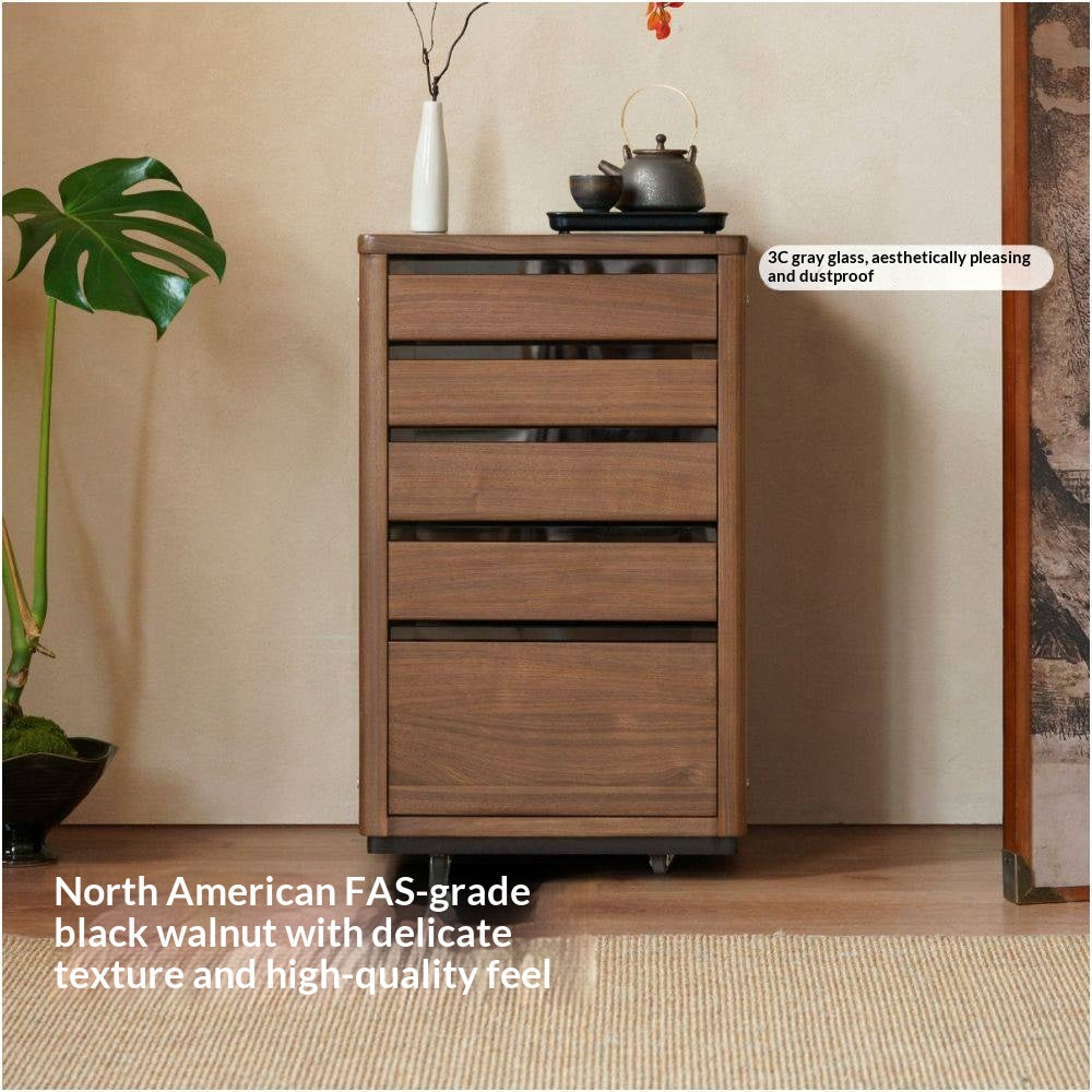Black Walnut Solid Wood Tea Set Storage Rolling Side Cabinet with Fluted Drawers