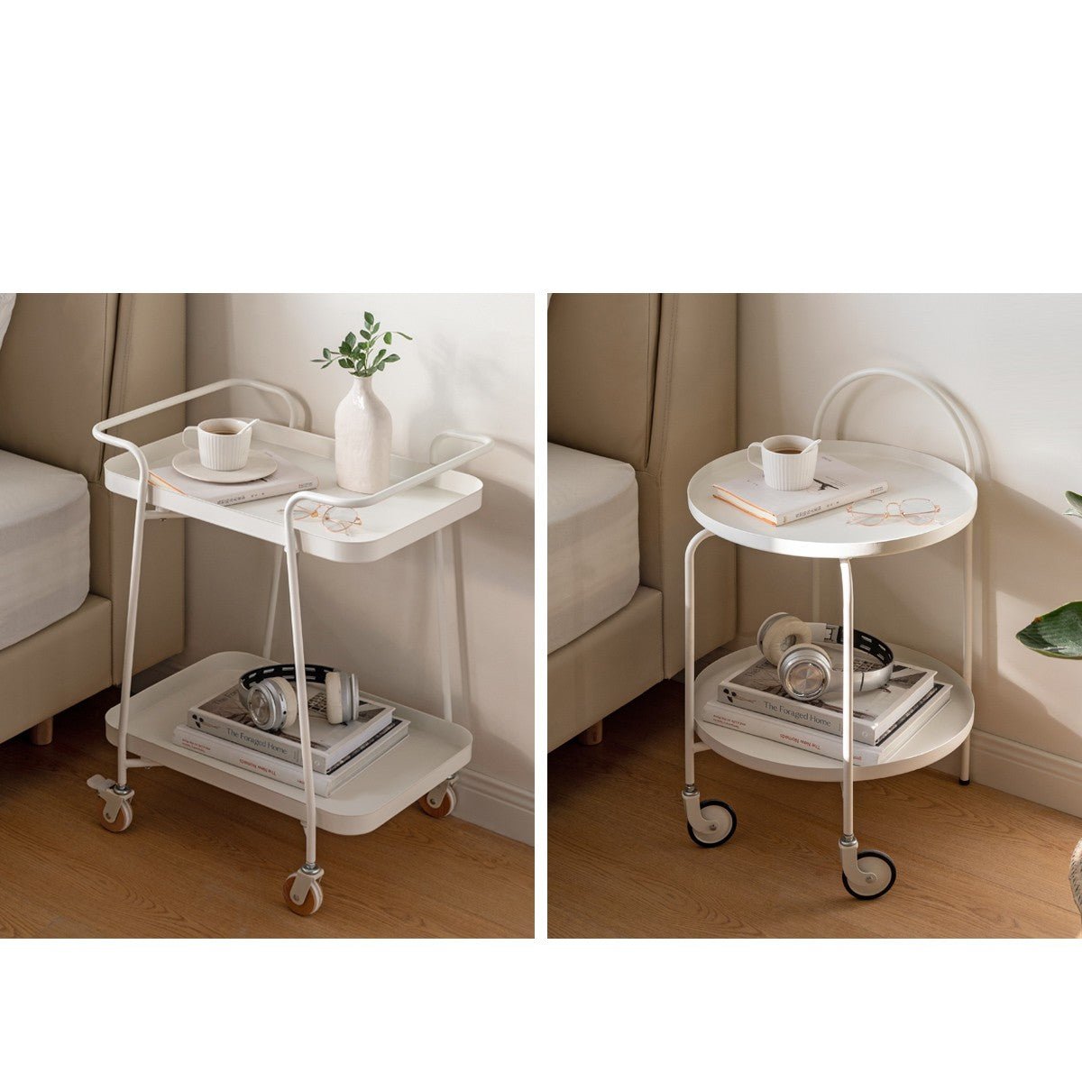 Double Layer Storage Mobile Side Table White Trolley