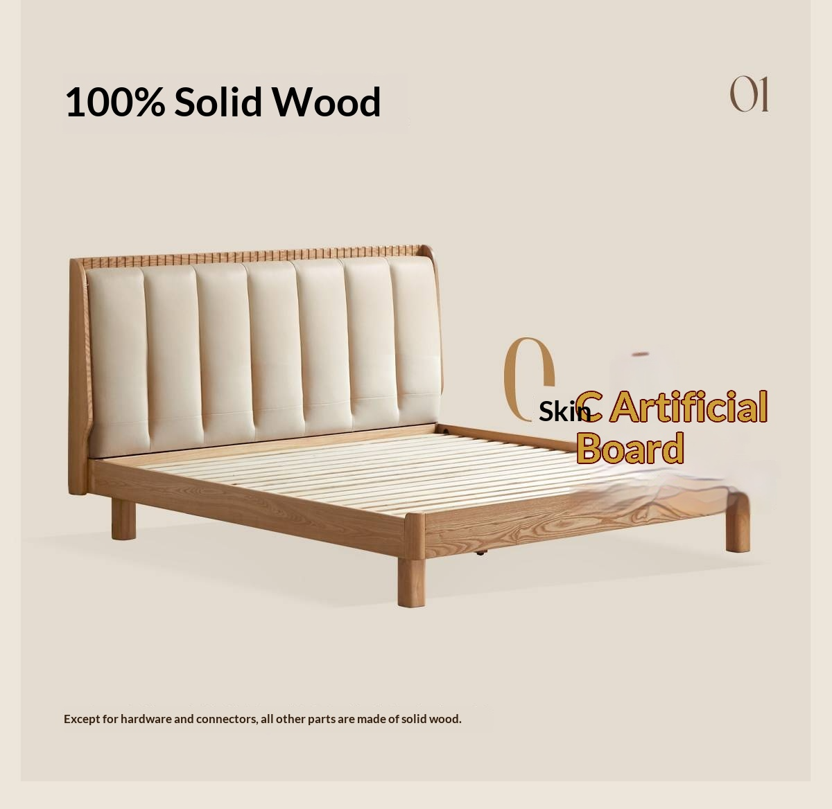 Ash Solid Wood Bed with Genuine Leather Upholstered Headboard