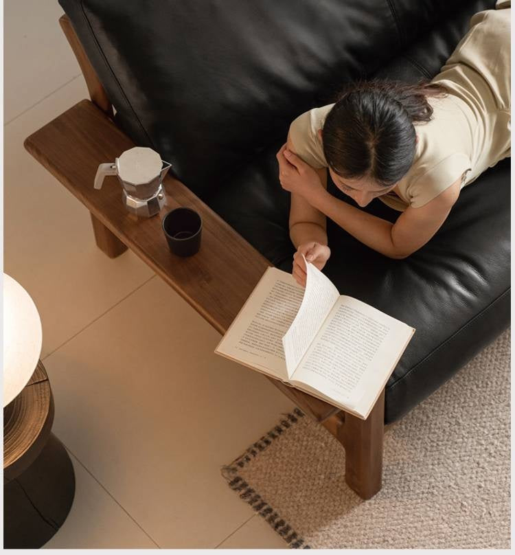 Black Walnut, Ash Solid Wood Wabi Sabi Style Genuine Leather Sofa, fabric sofa