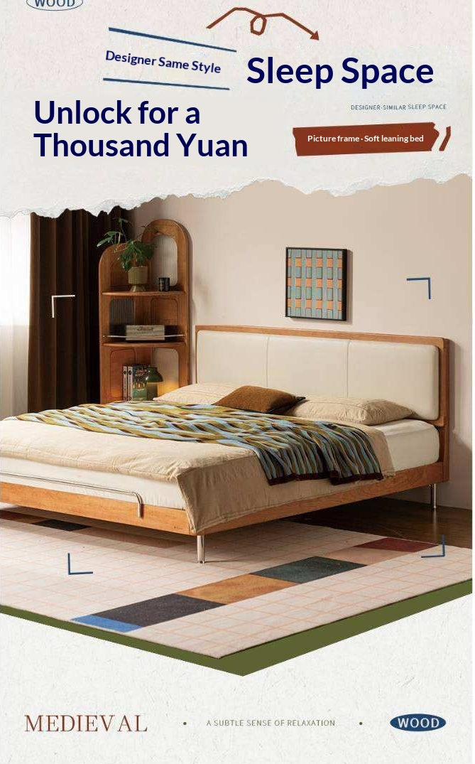 Cherry Solid Wood Bed with Modern Minimalist Design and Genuine Leather Headboard