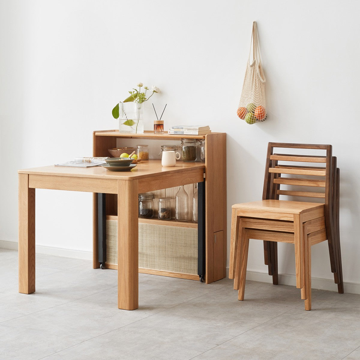 Oak Solid Wood Telescopic Dining Table Sideboard Integrated