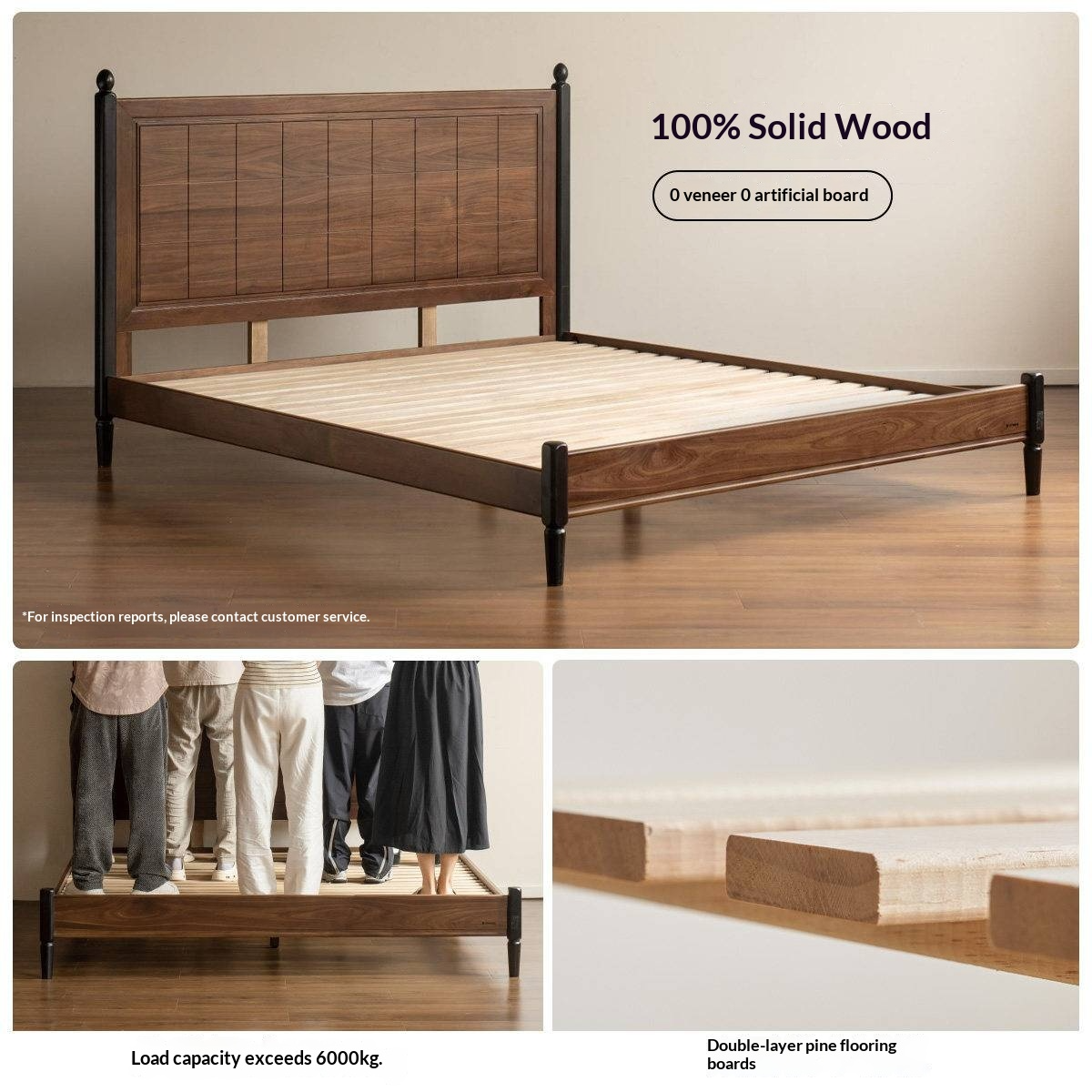 Black Walnut Solid Wood Four Poster Bed with Grid Panel Headboard