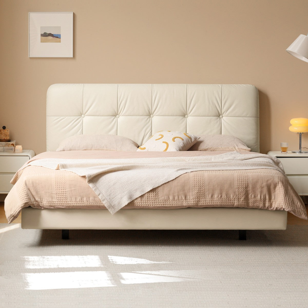 Genuine Leather Floating Bed Cream Style