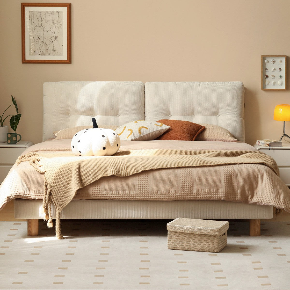 Fabric Bed Cream Style Modern Soft Bed