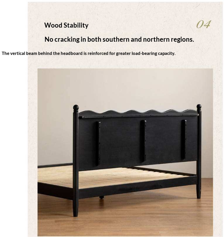 Rubberwood Solid Wood French Style Bed with Black Carved Headboard and Elegant Curved Frame