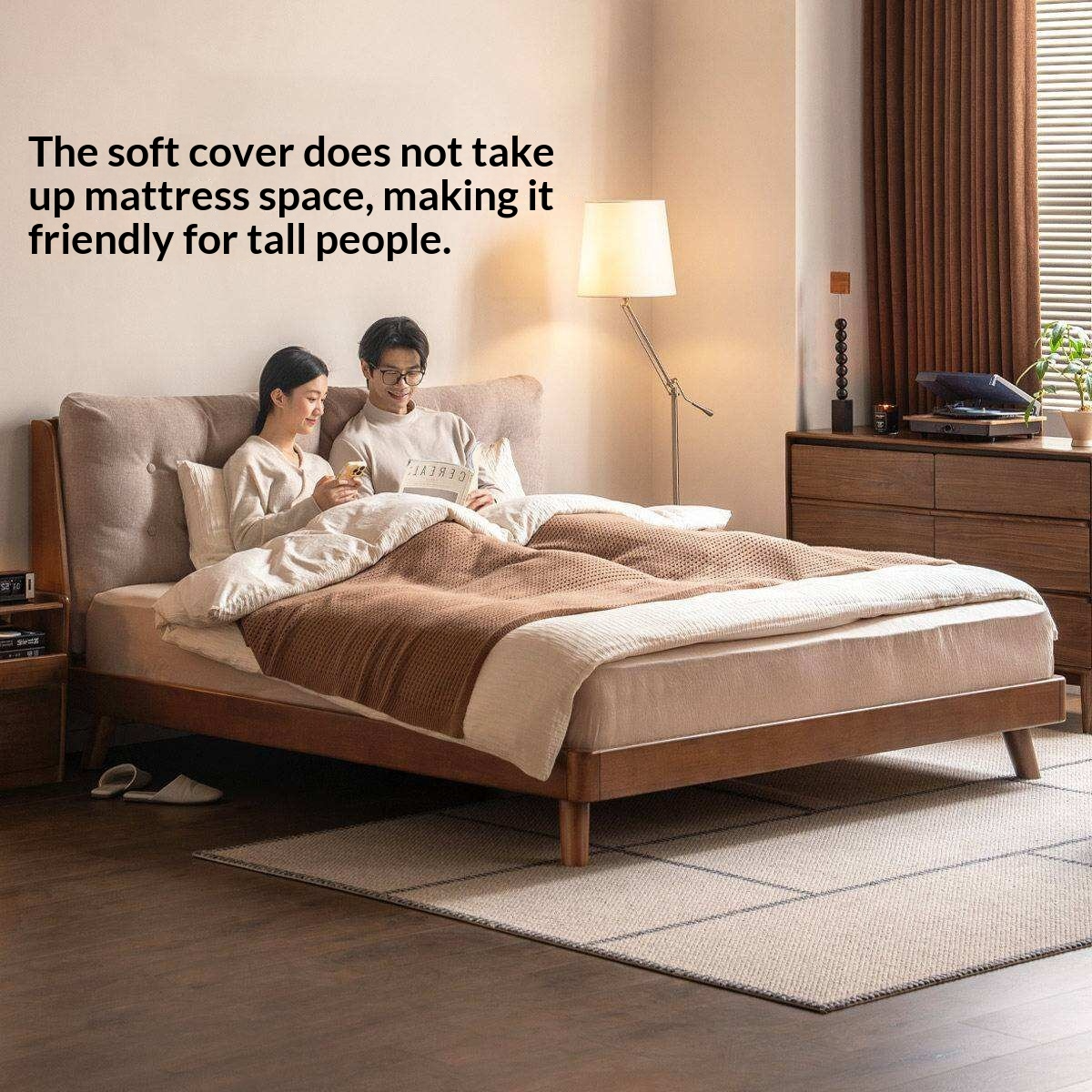 Rubberwood Solid Wood Bed with Oversized Soft Pillow Headboard