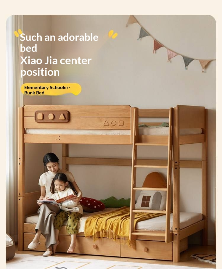 Beech Solid Wood Convertible Bunk Bed with Storage Drawers
