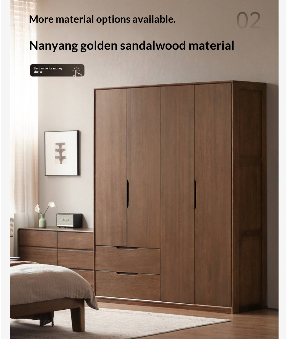 Black Walnut, Sandalwood Solid Wood Large Wardrobe