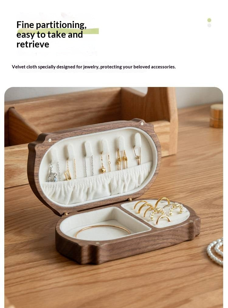 Cherry, Black Walnut Solid Wood Portable Jewelry Box with Multi-Compartment Storage