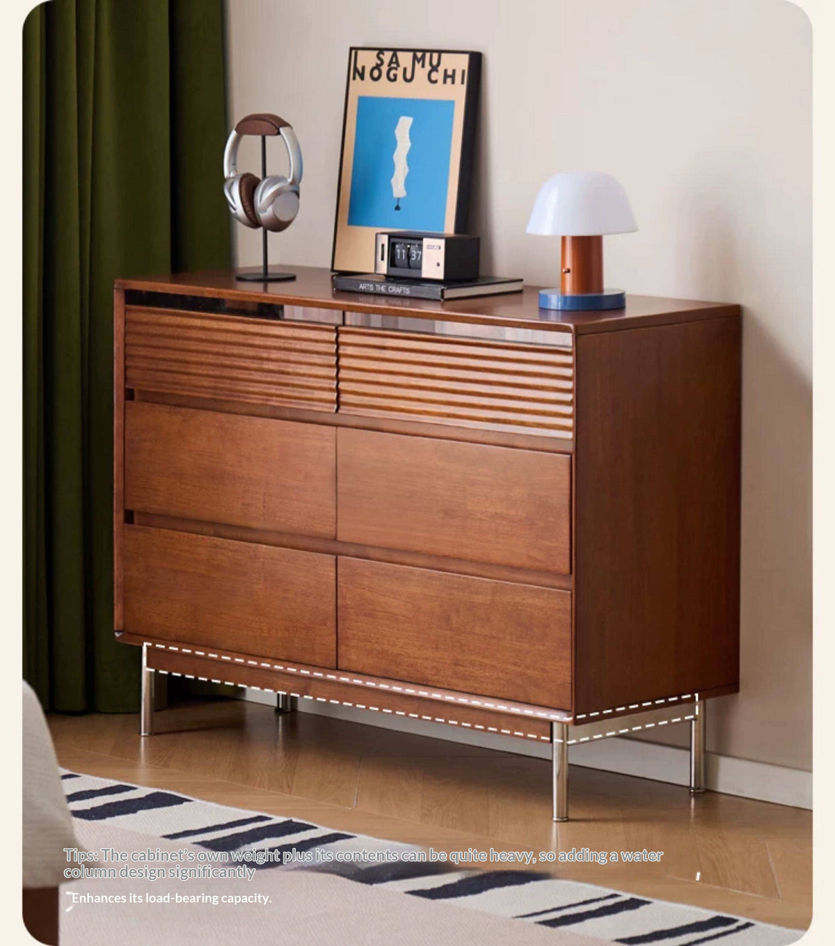 Rubberwood Solid 6-Drawer Dresser, Mid Century Bedroom Storage Cabinet
