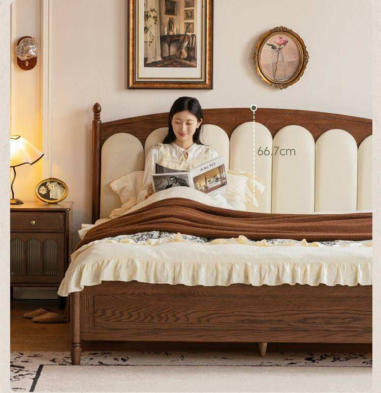 Oak Solid Wood Box Bed with Upholstered Vertical Channel Tufted Arched Headboard
