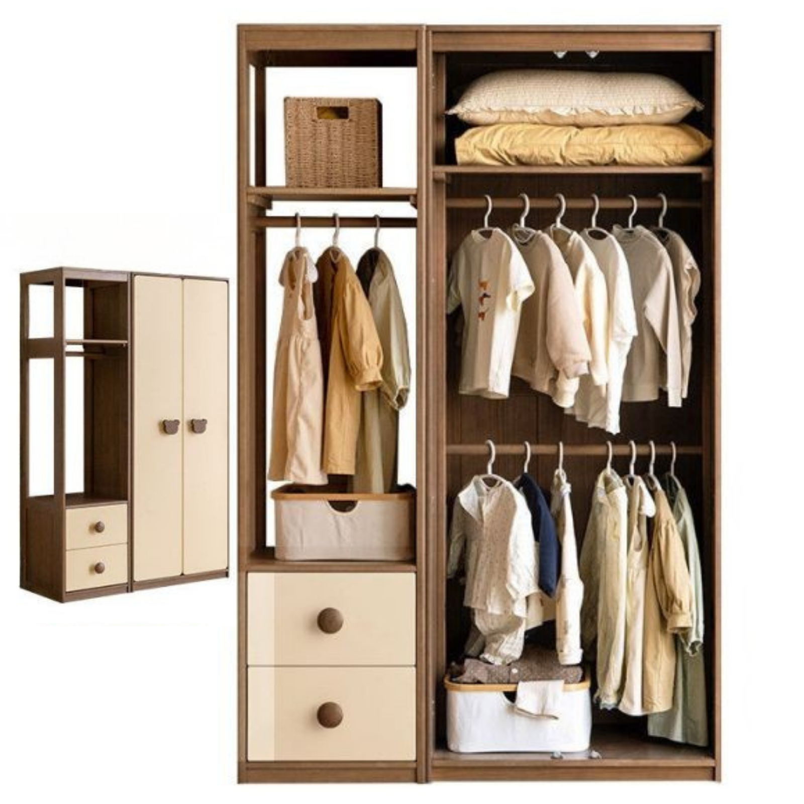 Solid RubberWood Kids Wardrobe Closet with Bear Handles and Storage Drawers