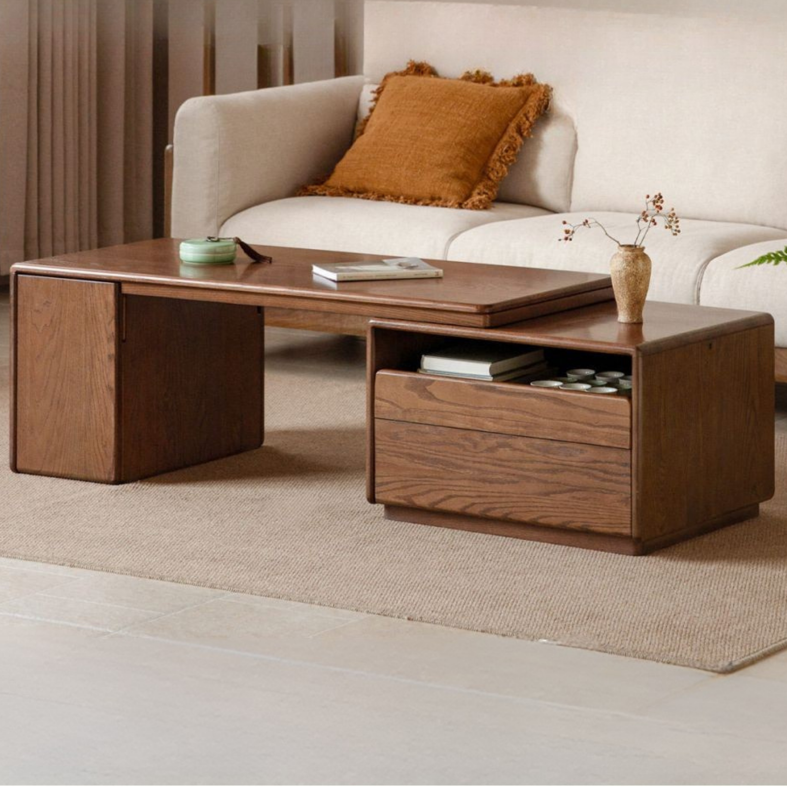 Oak Solid Wood Extendable Coffee Table with Storage