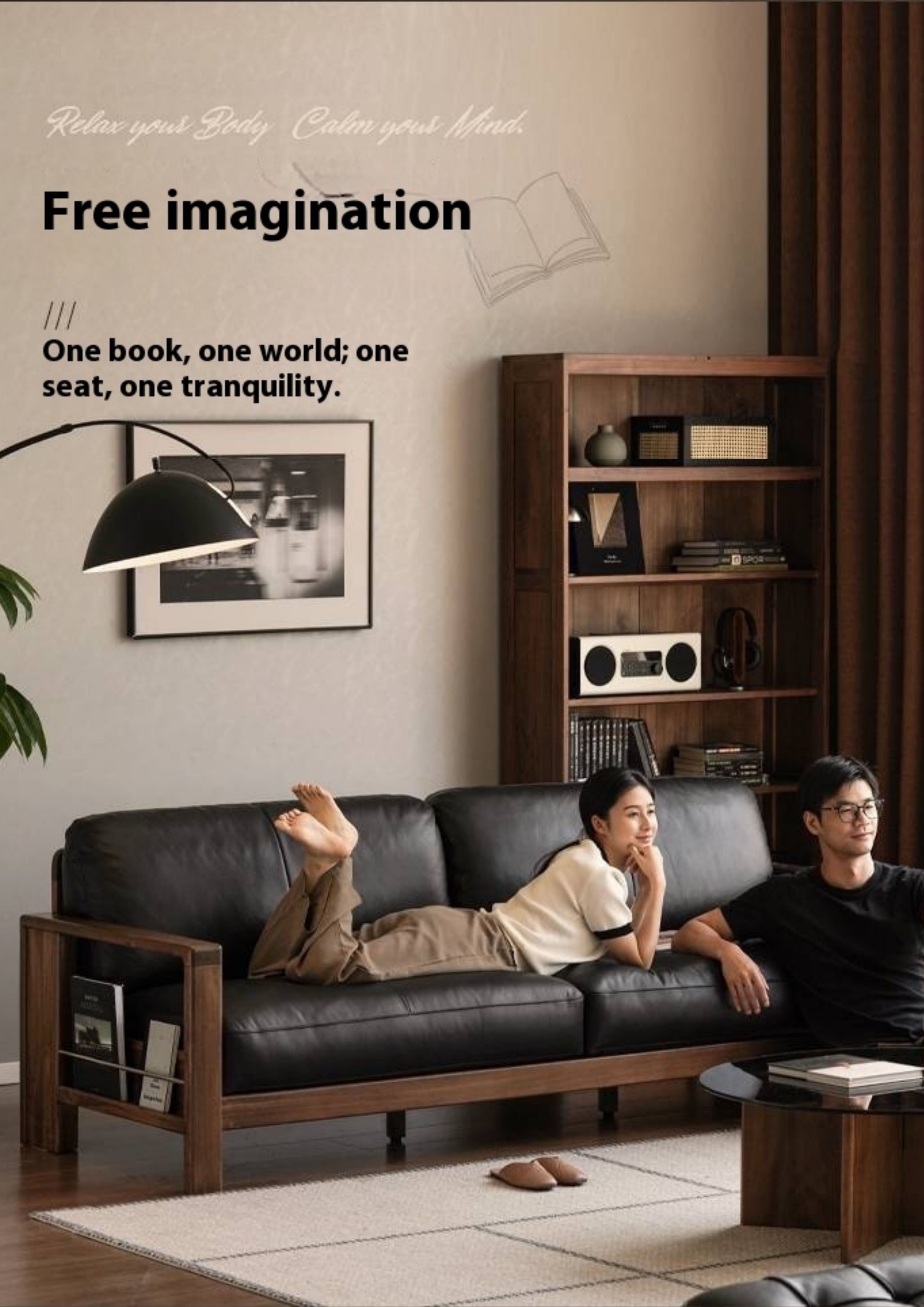 Black Walnut Solid Wood Leather Sofa