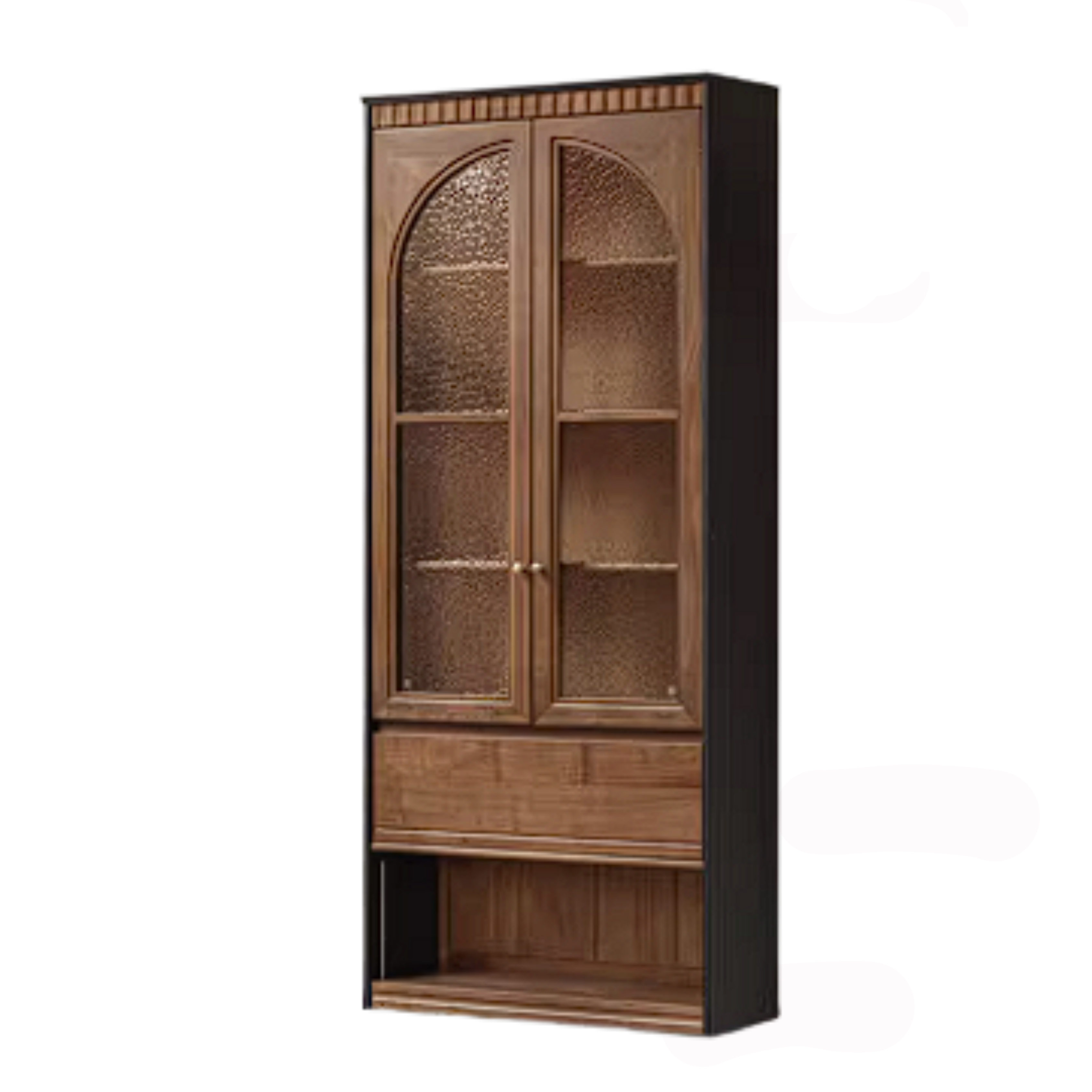 Black Walnut Solid Wood Bookcase with French Retro Display Cabinet