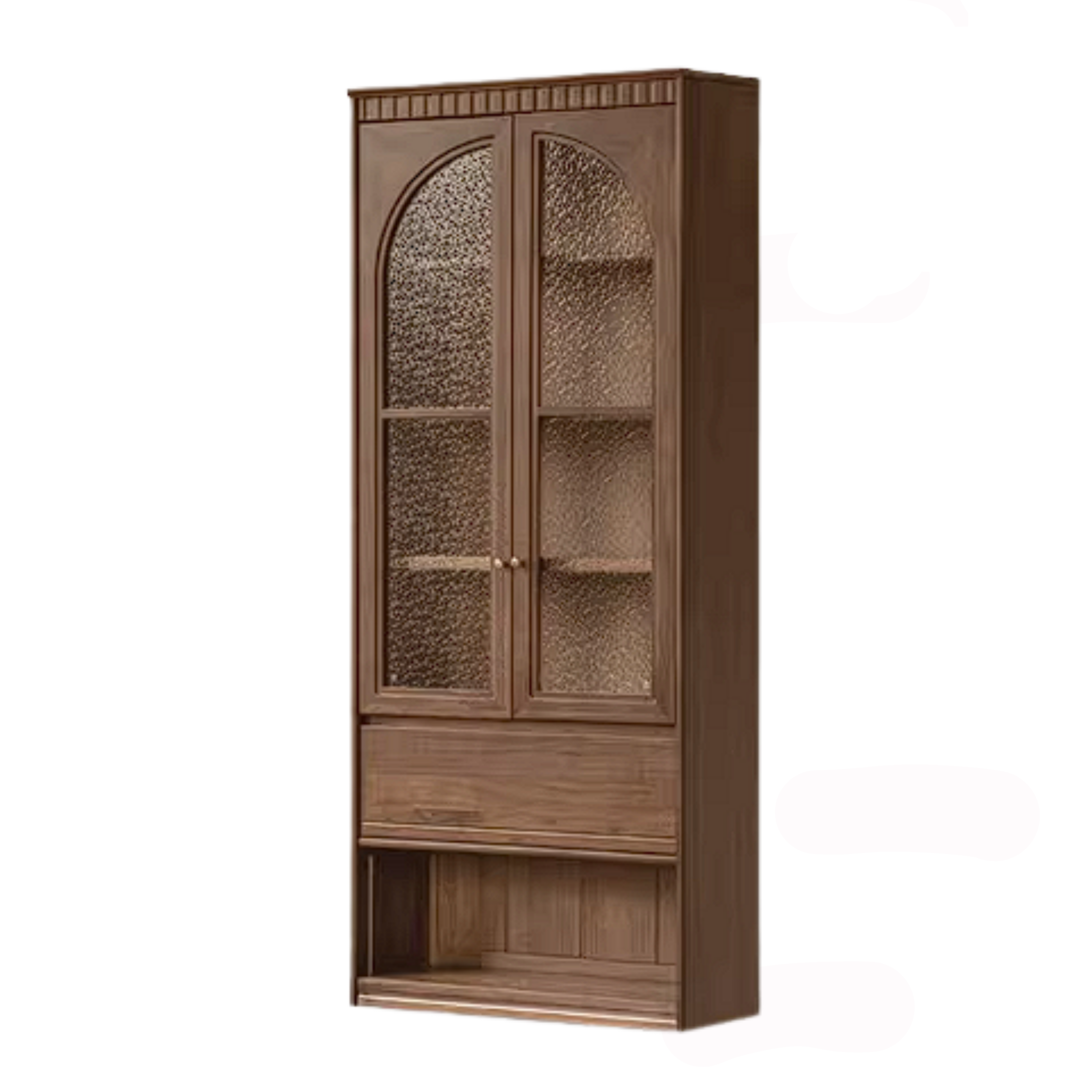 Black Walnut Solid Wood Arched Vintage Bookcase with Glass Door and Storage Drawer