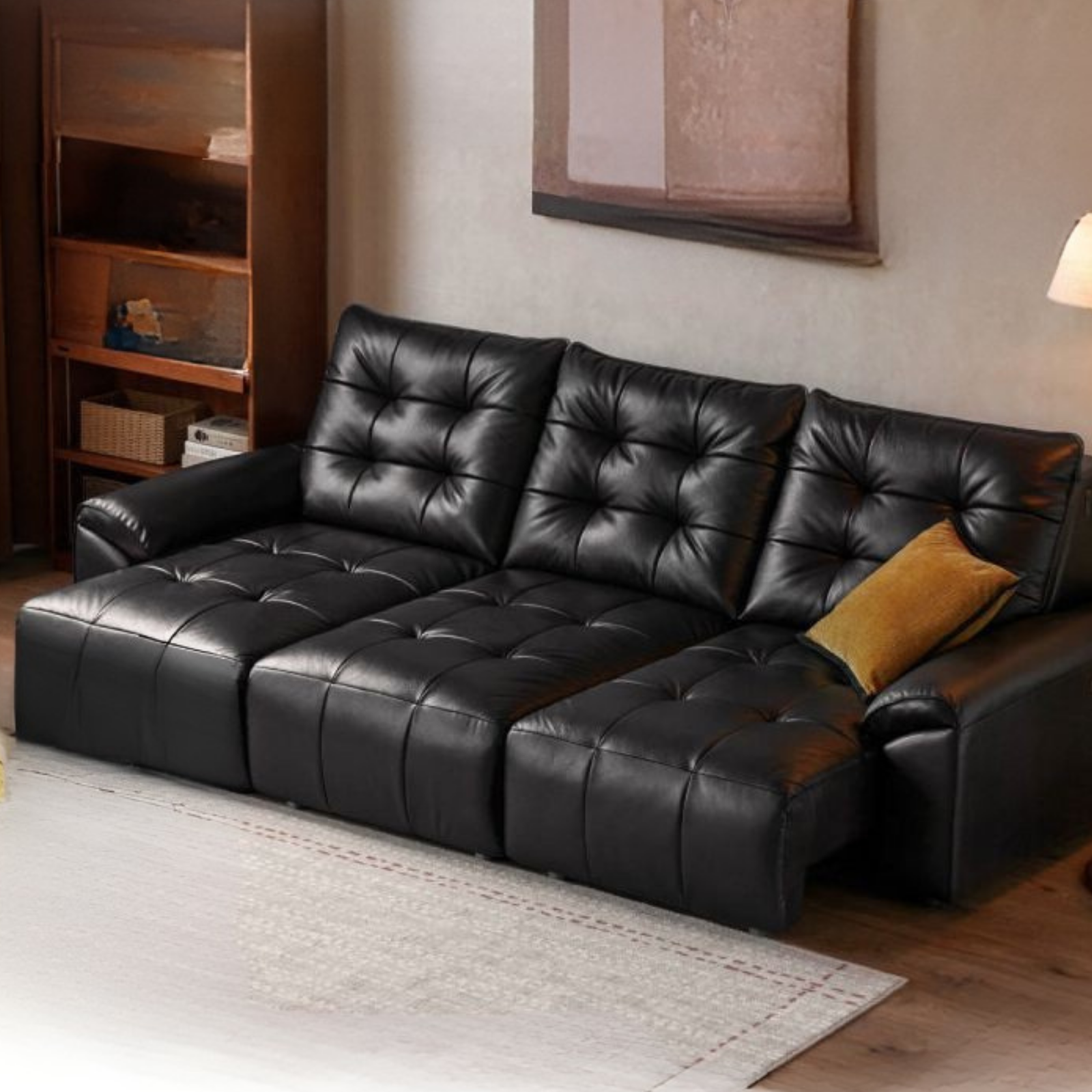 Genuine Leather Tufted Pull-Out Sleeper Sofa with Storage Chaise