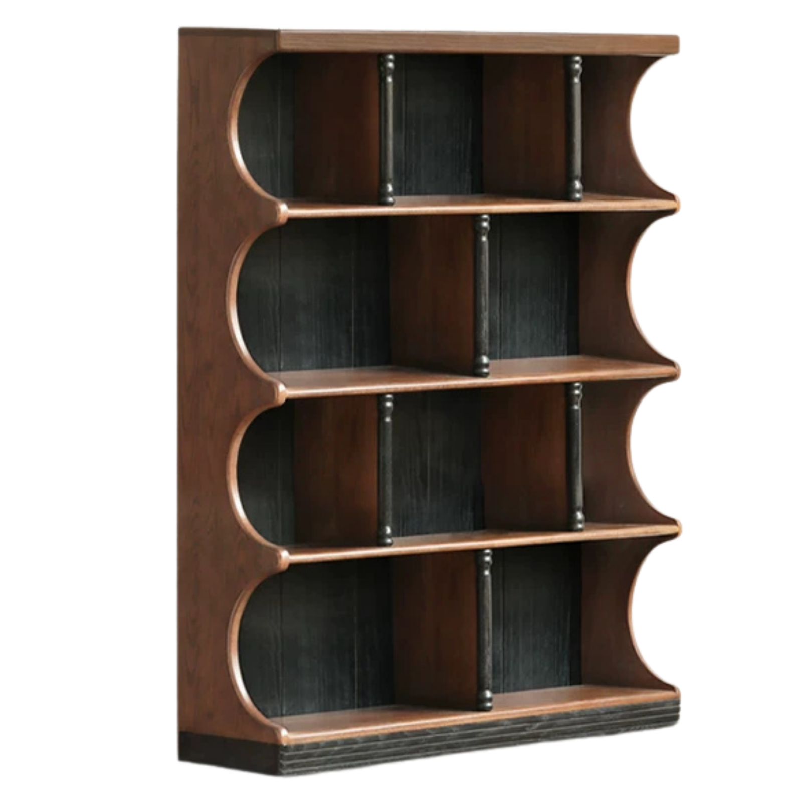 Oak, Black Walnut Solid Wood Etagere Bookcase with Scalloped Wave Shelf Design