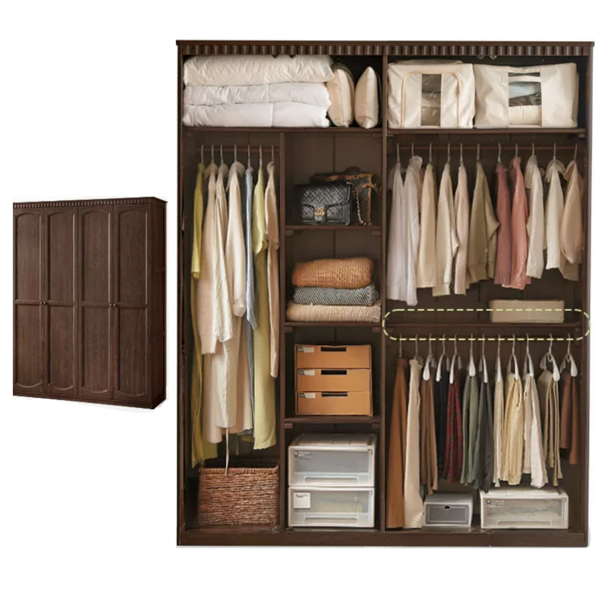 Ash Solid Wood Traditional 4-Door Armoire with Raised Panel Doors and Crown Molding