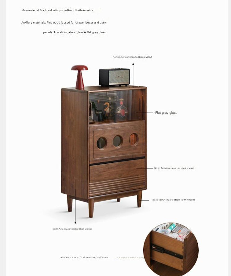 Black Walnut, Golden Sandalwood Solid Wood Antique Locker Retro Side Cabinet.