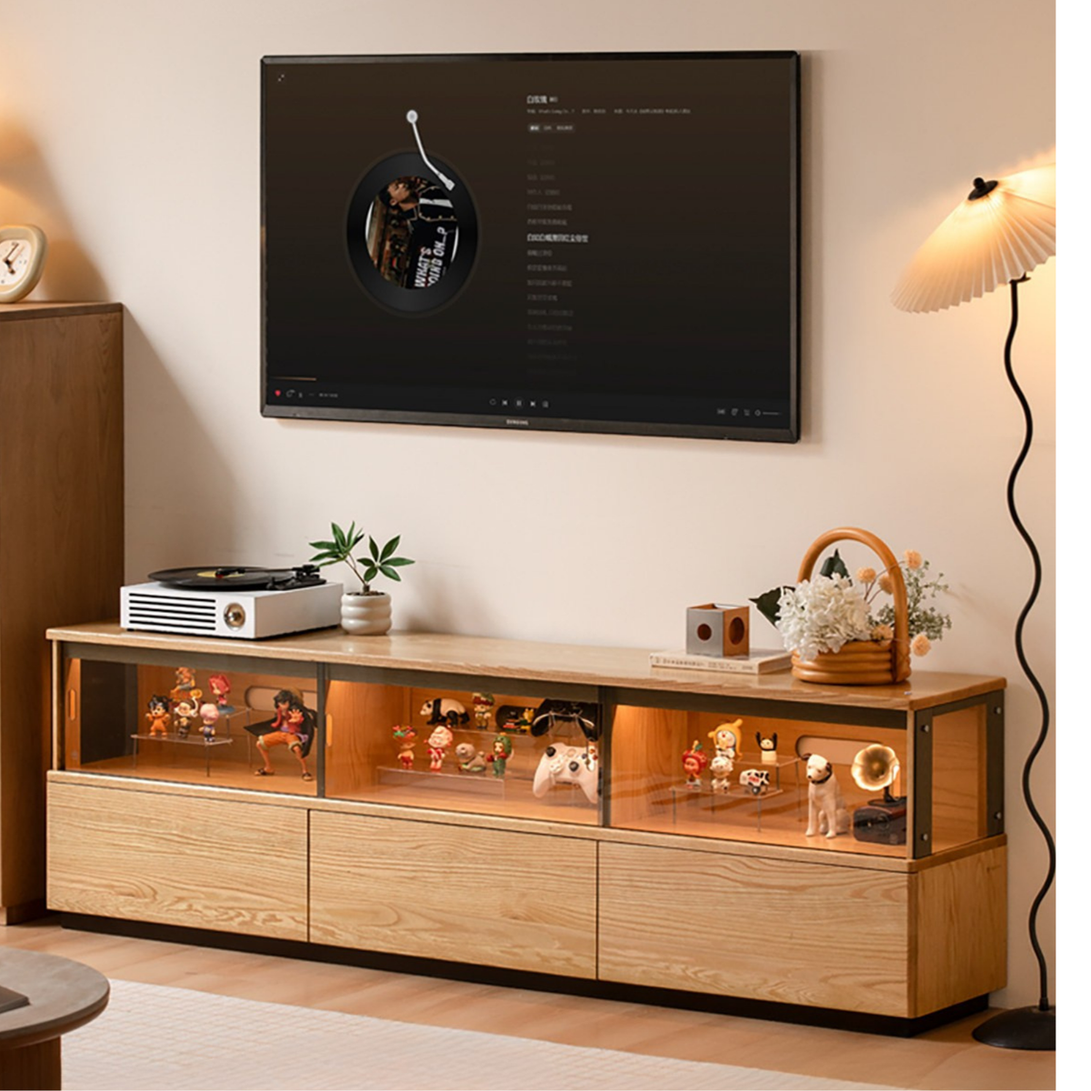 Oak Solid Wood TV Console with Illuminated Glass Display Case and Drawer Storage