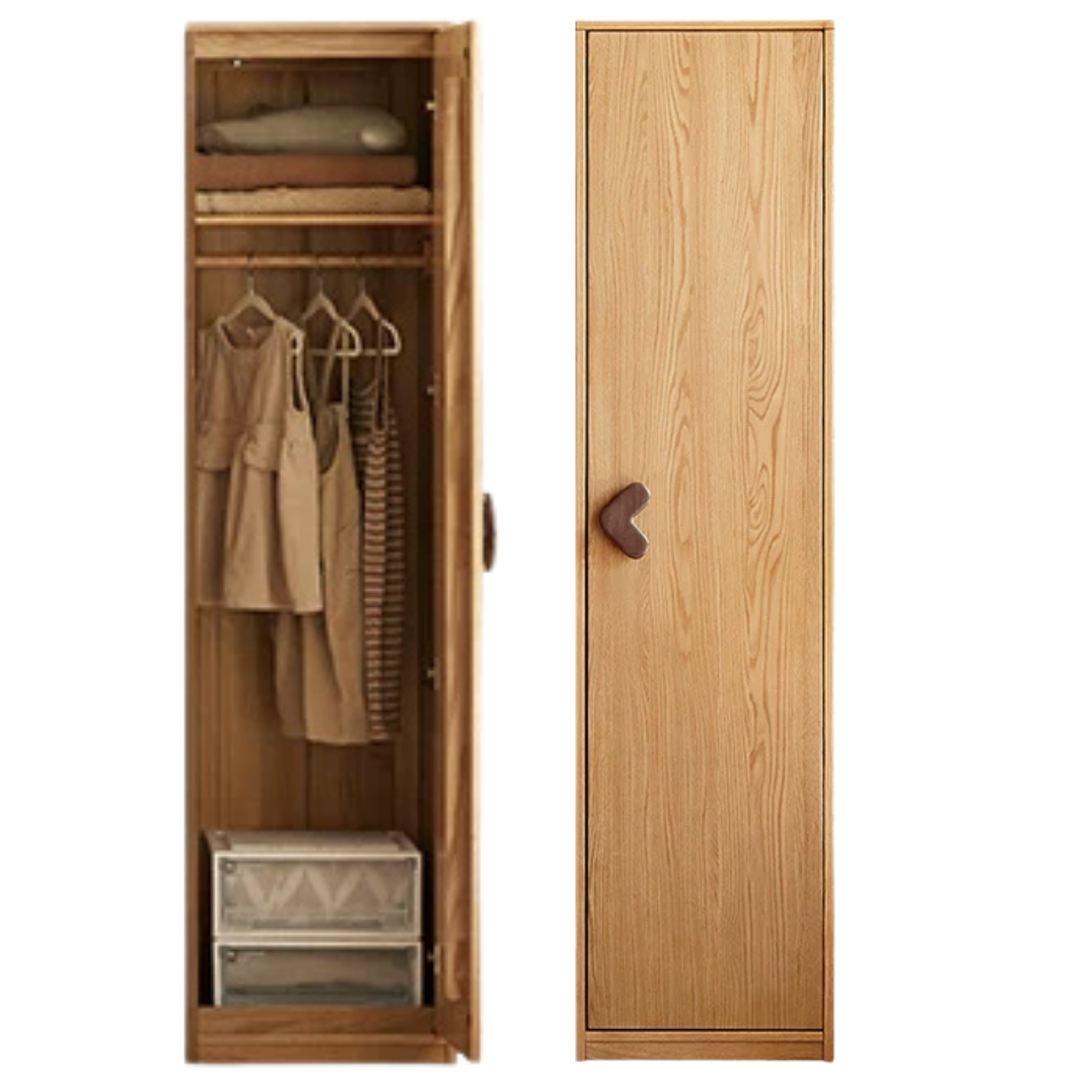 Oak Solid Wood Kids Wardrobe Armoire with Open Shelf and Drawer Combo