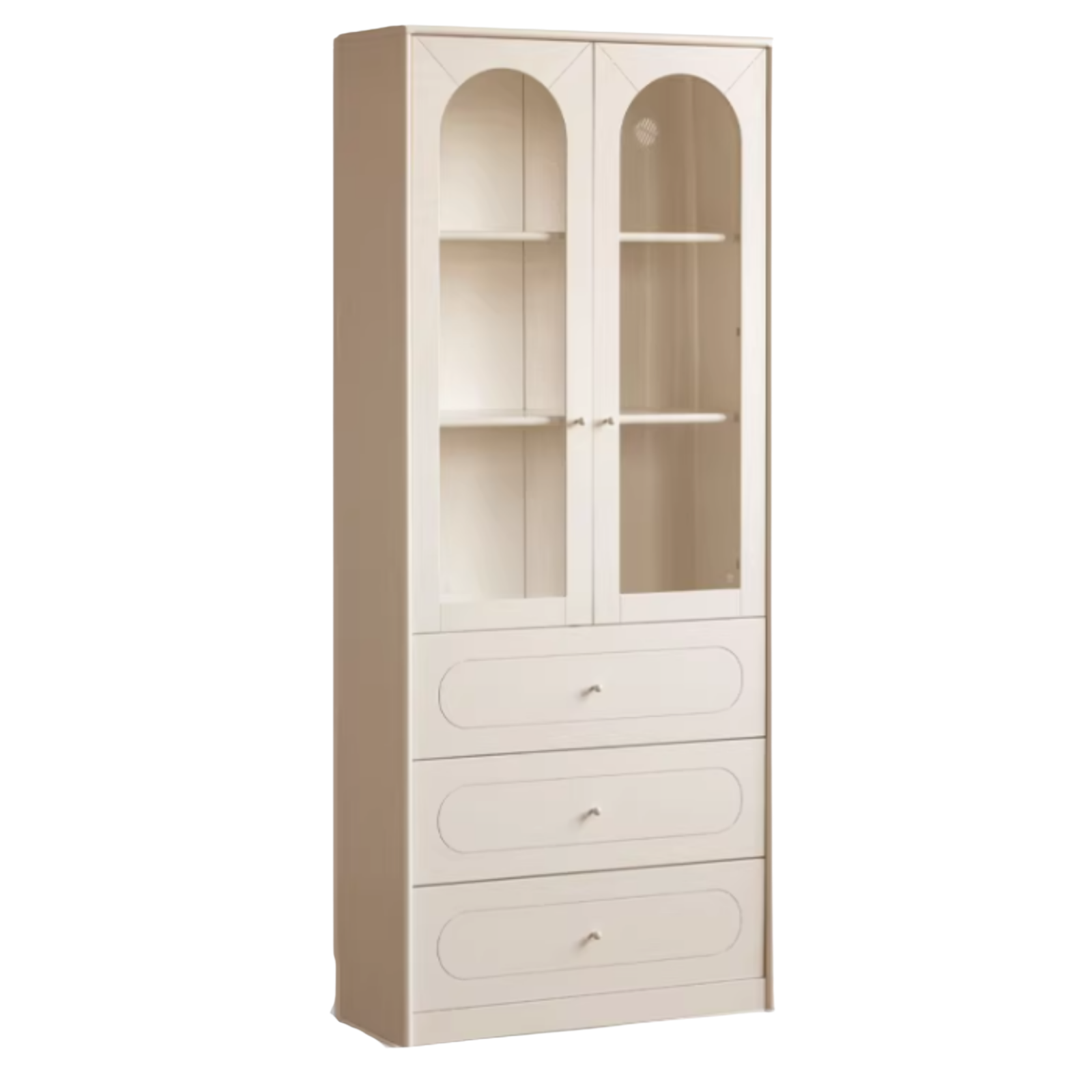 Solid RubberWood Bookcase White With Glass Door French Cream Style