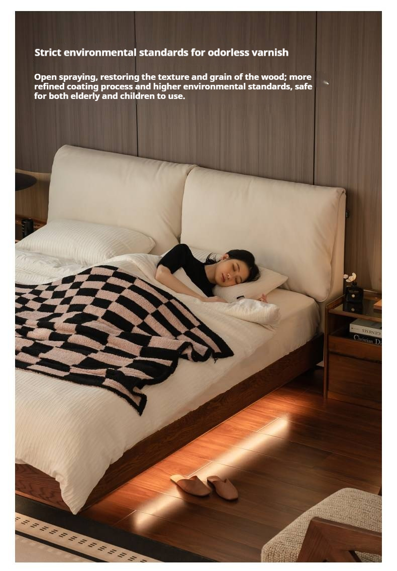 Oak Solid Wood Box Bed — Italian Light Luxury with Soft Genuine leather Backrest