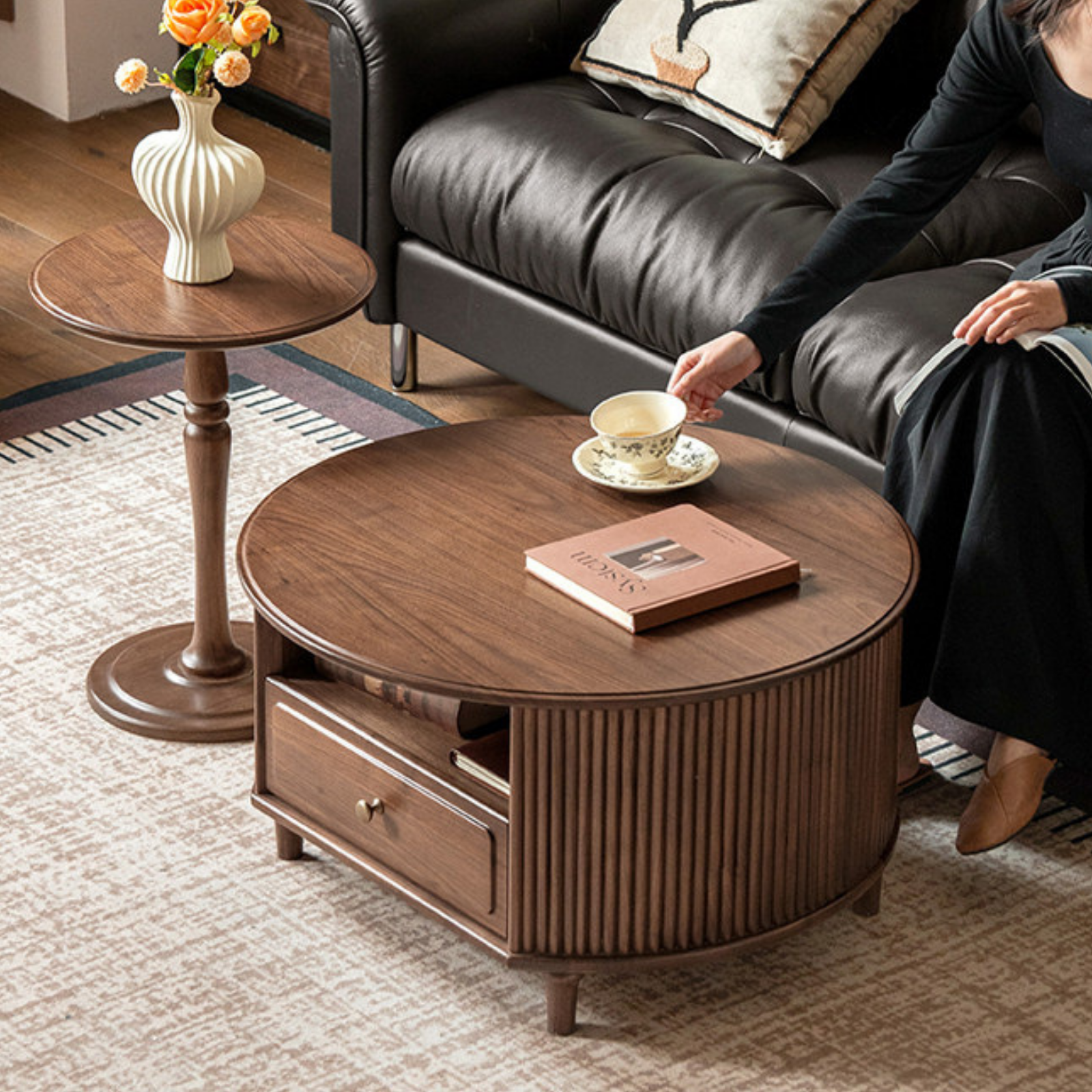 Black Walnut Solid Wood Coffee Table with Storage Drawer, Mid Century