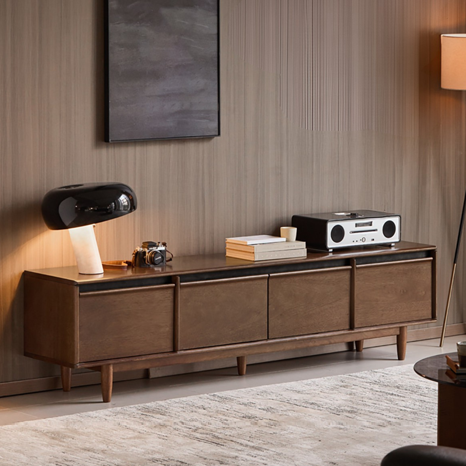 Sandalwood Solid Wood Italian Minimalist TV Console with Tapered Legs