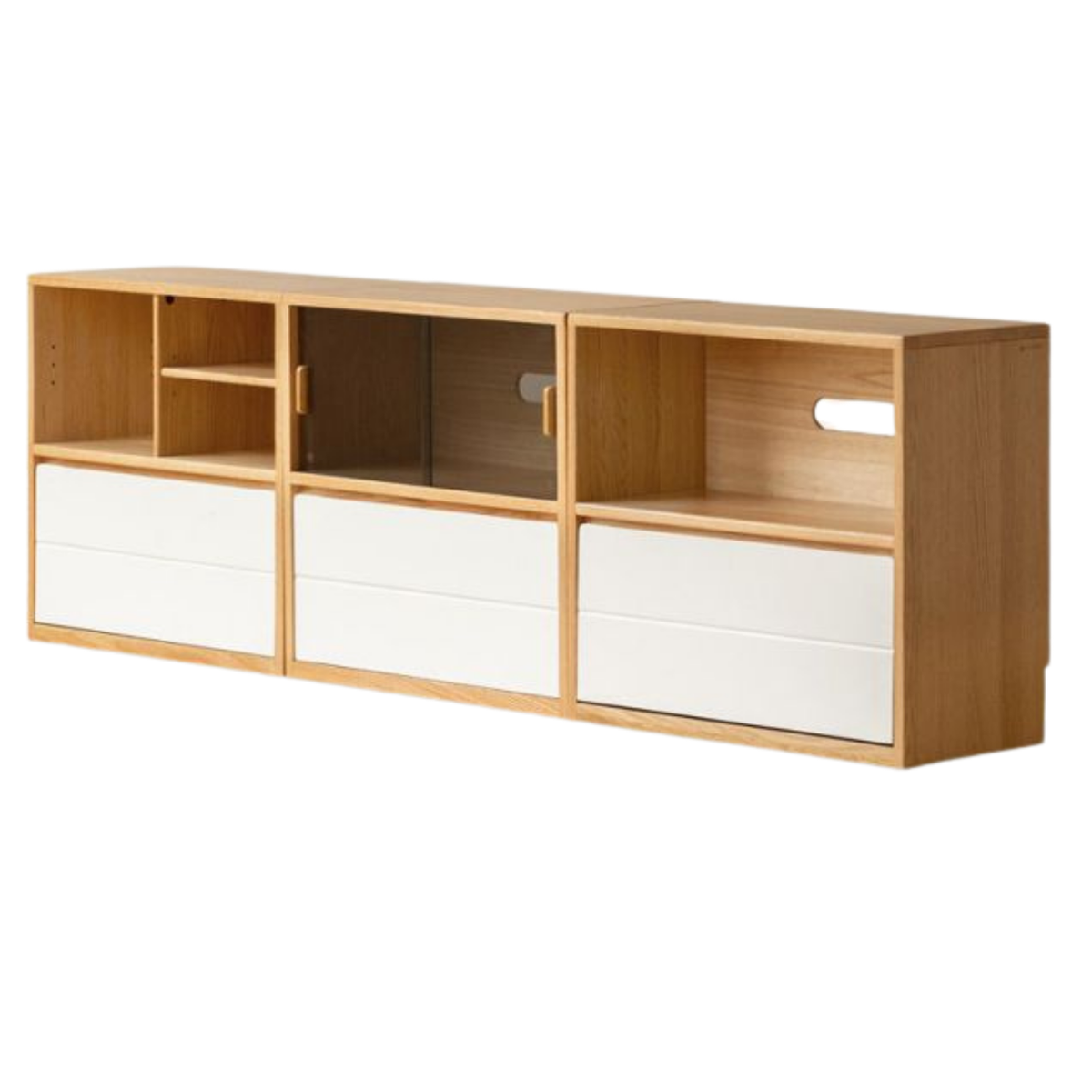 Oak Solid Wood Modular TV Cabinet System with Two-Tone Sliding Doors