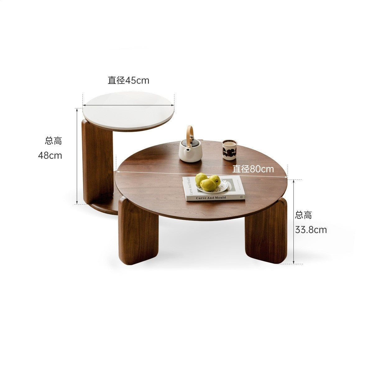 Black walnut solid wood slate round tea coffee table "