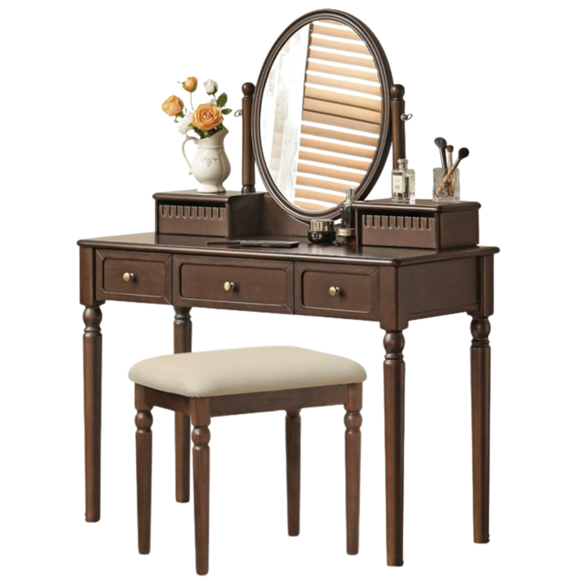 Black Walnut, Tulipwood Solid Wood Retro Style Dressing Table With Built-In Mirror